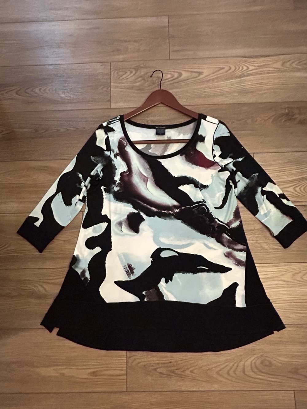Eva Varro Abstract Art-to-Wear Tunic Top L Black White 3/4 Sleeve USA